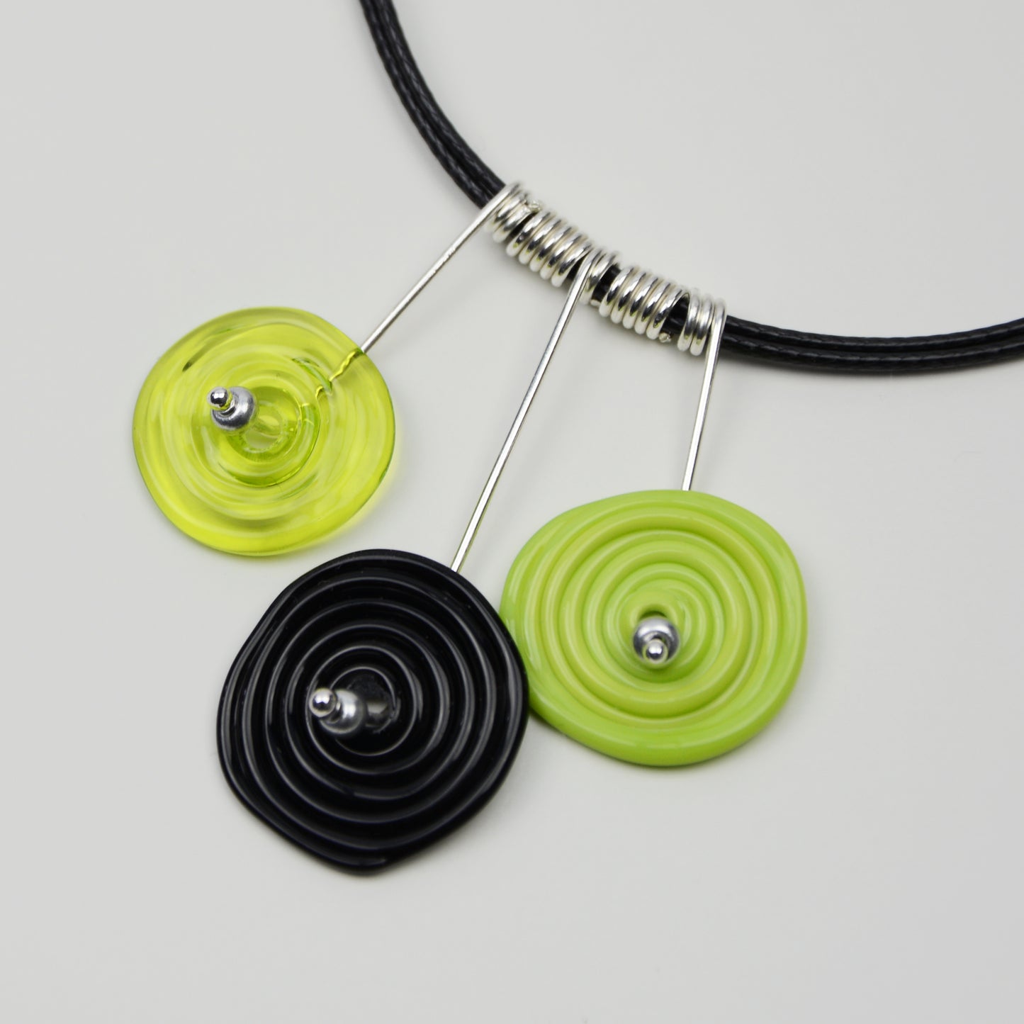 Spiral drop necklace in lime green & black, 3 bead