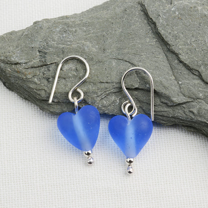 Heart shaped blue etched glass beads on silver drop earring hooks