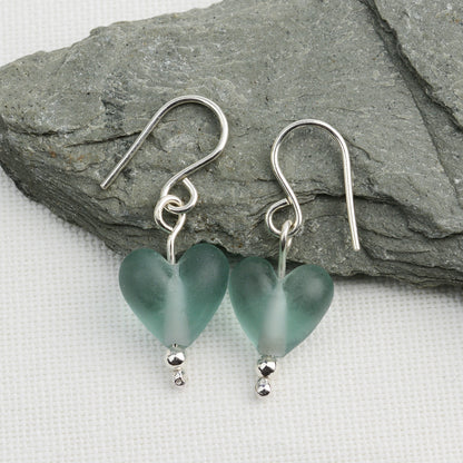 Heart shaped slate grey etched glass beads on silver drop earring hooks