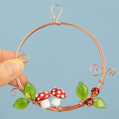 Miniature copper wreath with glass mushrooms, berries and leaves