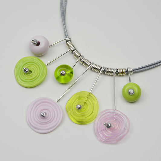Spiral drop necklace in pink & lime green, 7 bead