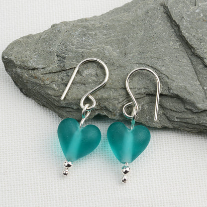 Heart shaped teal etched glass beads on silver drop earring hooks