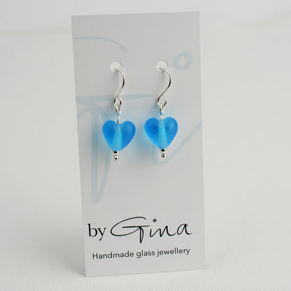 Heart shaped turquoise etched glass beads on silver drop earring hooks